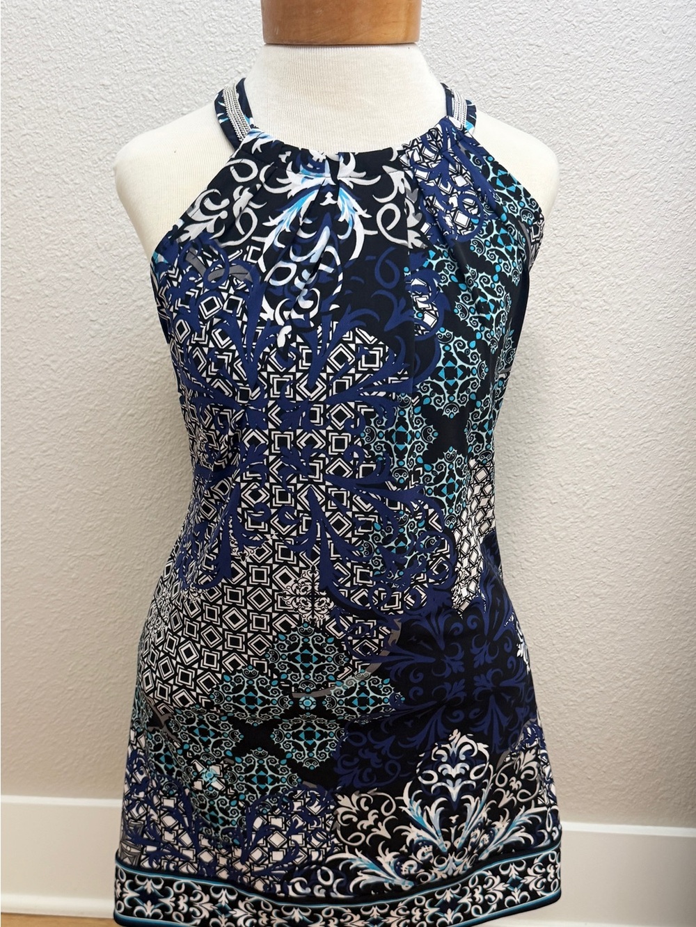 White House Black Market Navy, Black & White Halter Mini Dress